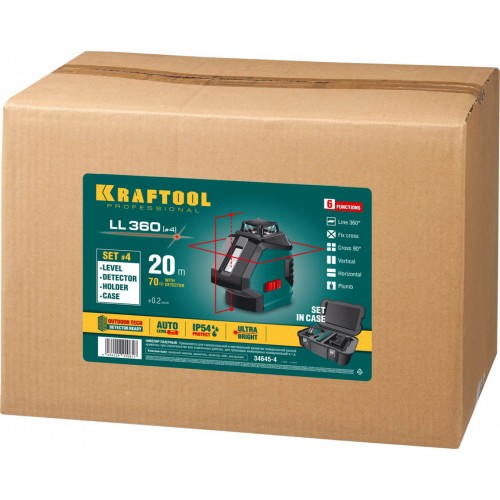 KRAFTOOL линейный лазерный нивелир с детектором в кейсе LL360 4 34645-4 Professional