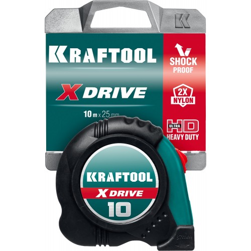 KRAFTOOL 10 м х 25 мм, ударостойкий обрезиненный корпус, рулетка X-Drive 34122-10