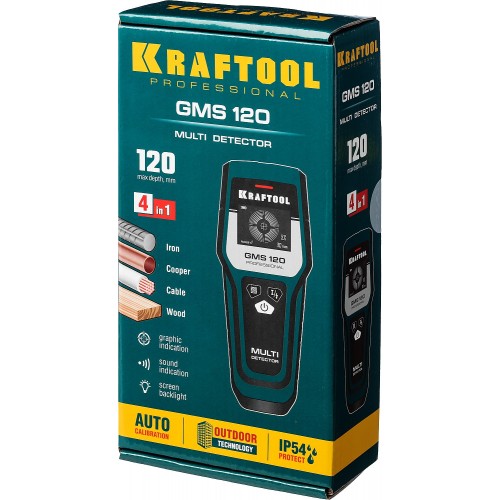 KRAFTOOL черный металл 120 мм, цветной металл 80 мм, проводка 50 мм, дерево 20 мм, детектор универсальный GMS 120 45298