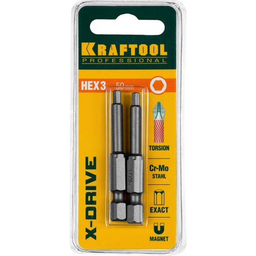 KRAFTOOL HEX3, 50 мм, 2 шт., кованые профессиональные биты X-DRIVE 26127-3-50-2