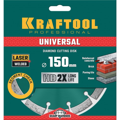 KRAFTOOL Ø 150Х22.2 мм, алмазный, сегментный, по железобетону, высокопрочному бетону диск отрезной UNIVERSAL 36680-150