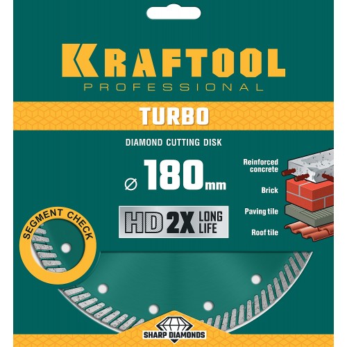 KRAFTOOL Ø 180Х22.2 мм, алмазный, сегментный, по армированному бетону, кирпичу диск отрезной TURBO 36682-180