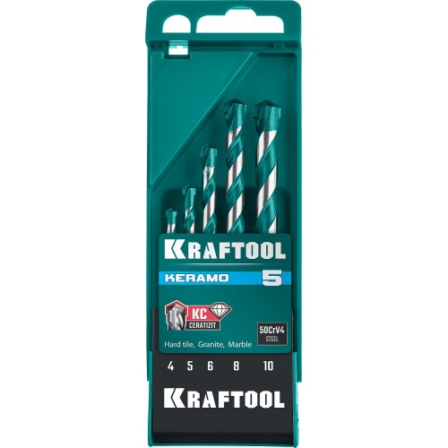 KRAFTOOL 5 шт: Ø 4-5-6-8-10 мм набор сверл по керамограниту с твердосплавной пластиной KERAMO 29175-H5