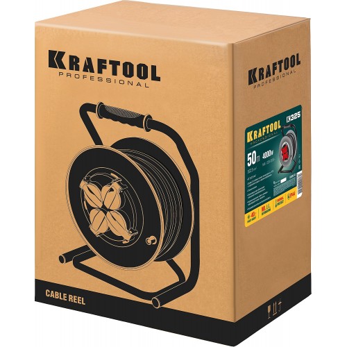 KRAFTOOL 50 м, 4000 Вт, 4 гнезда, IP44, КГ 3x2,5 кв мм, удлинитель на катушке 55086-50