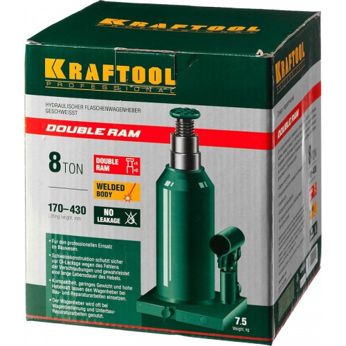KRAFTOOL 8 т, 170-430 мм, домкрат гидравлический бутылочный сварной телескопический Double Ram 43463-8