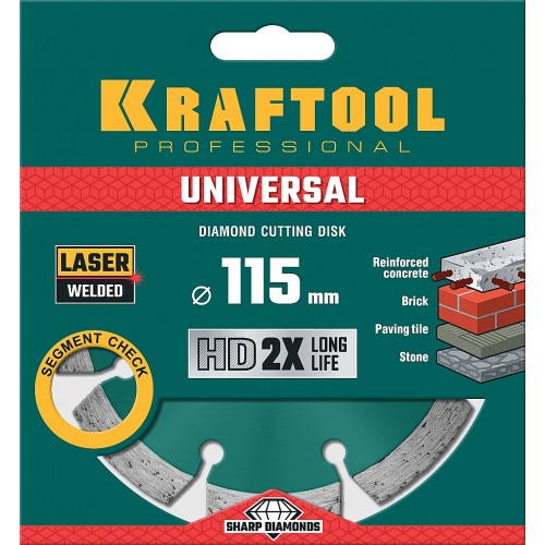 KRAFTOOL Ø 115Х22.2 мм, алмазный, сегментный, по железобетону, высокопрочному бетону диск отрезной UNIVERSAL 36680-115