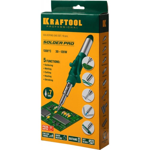 KRAFTOOL 5 насадок, 1300 °C, пьезоподжиг, паяльник газовый Pro в наборе 55503-H10