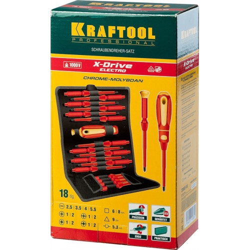 KRAFTOOL 18 шт., набор диэлектрических отверток с переставными стержнями Х-Drive Electro 220092-H18