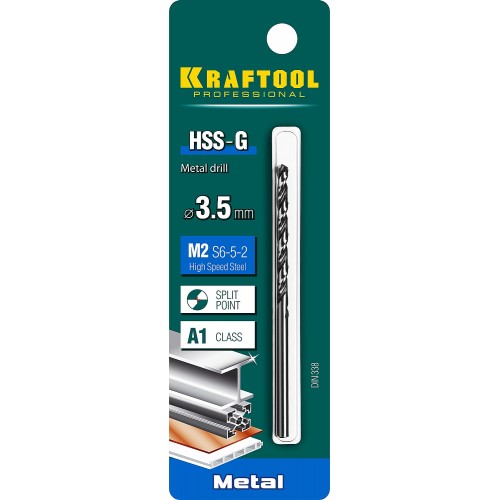 KRAFTOOL Ø 3.5 х 70 мм, HSS-G, сталь М2 (S6-5-2), класс A, сверло по металлу 29651-3.5 Pro