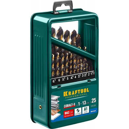 KRAFTOOL 25 шт. (Ø 1-13 мм), класс A, HSS-Co(8%), набор сверл по металлу 29656-H25