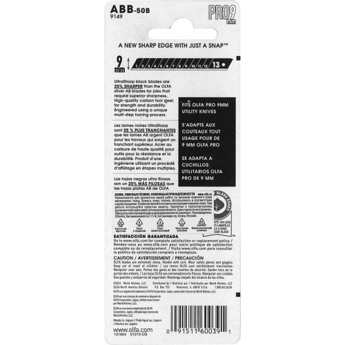 OLFA 50 шт., 9х80х0.38 мм, лезвия сегментированные EXCEL BLACK OL-ABB-50B