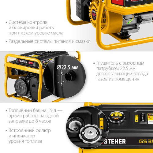 STEHER 2.5/2.8 кВт, однофазный, синхронный, щеточный, бензиновый генератор GS-3500