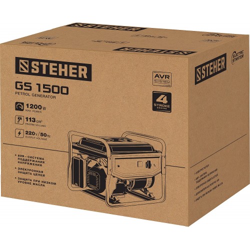 STEHER 1/1.2 кВт, однофазный, асинхронный, бесщеточный, бензиновый генератор GS-1500