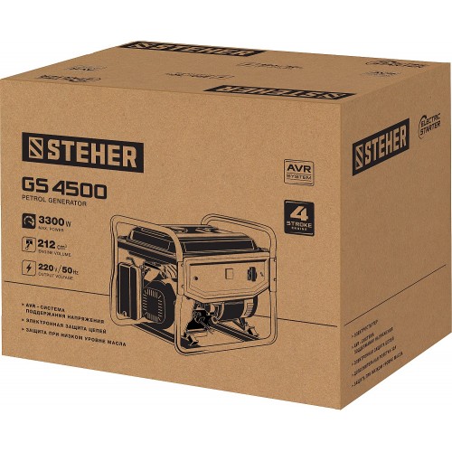STEHER 3/3.3 кВт, однофазный, синхронный, щеточный, бензиновый генератор GS-4500