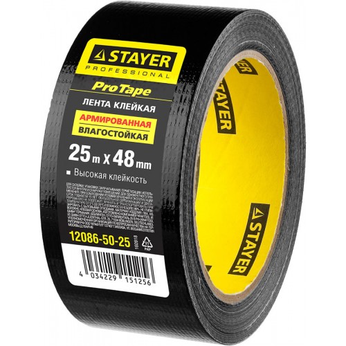 STAYER 48 мм х 25 м, черная, на тканевой основе, армированная лента (скотч) 12086-50-25