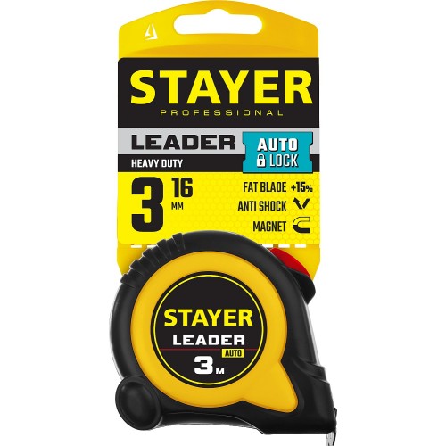STAYER 3 м х 16 мм, автостоп, ударостойкий, обрезиненный корпус, рулетка LEADER 3402-3_z02 Professional