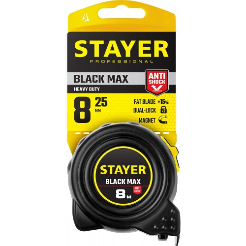 STAYER 8 м х 25 мм, ударостойкий, полностью обрезиненный корпус, два фиксатора, рулетка 3410-08_z02 Professional