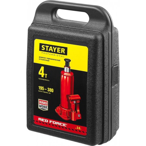 STAYER 4 т, 195-380 мм, домкрат бутылочный гидравлический в кейсе RED FORCE 43160-4-K_z01 Professional