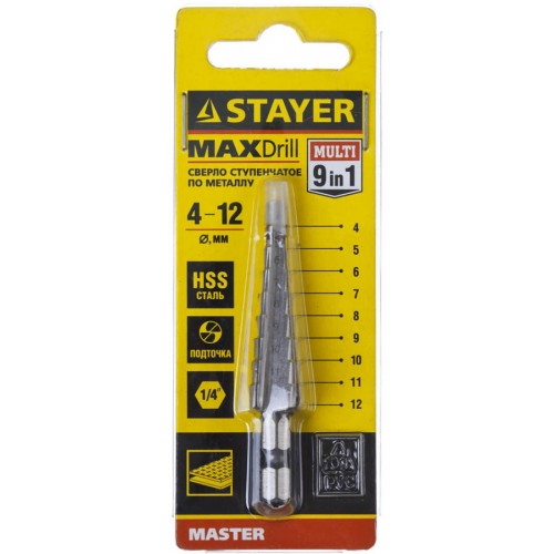 STAYER 4-12 мм, 9 ступеней, HSS, сверло ступенчатое 29660-4-12-9 Master