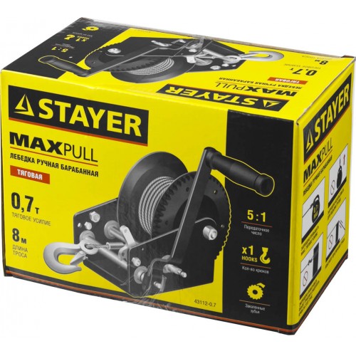STAYER 0,7 т, 8 м, тяговая, тросовая, лебедка ручная барабанная MAXPull 43112-0.7