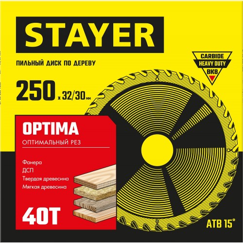 STAYER 250 x 32/30 мм, 40Т, диск пильный по дереву OPTIMA 3681-250-32-40_z01 Master