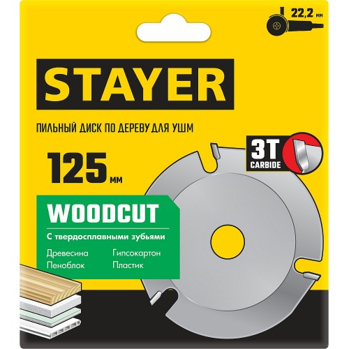 STAYER WOODCUT Ø 125 мм, 3 резца, диск пильный для УШМ 36854-125