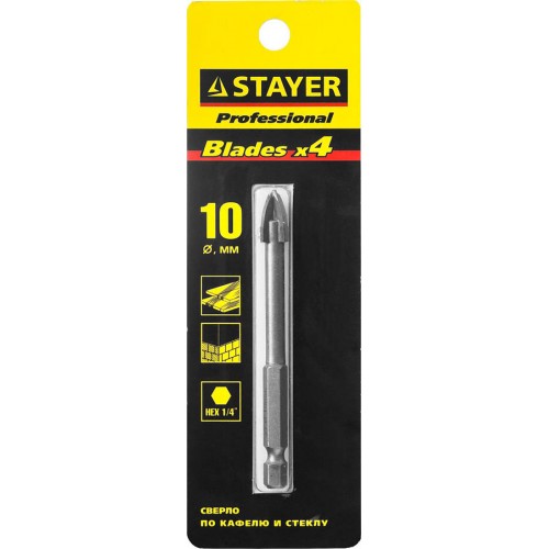 STAYER  10 мм, 4-х резцовый, шестигранный хвостовик, сверло по стеклу и кафелю 2985-10_z01