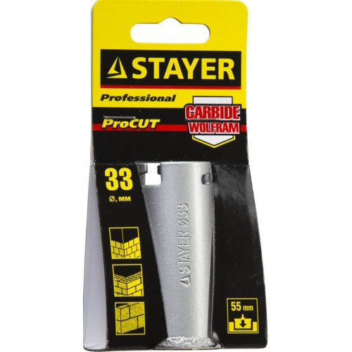 STAYER d 33 мм, L - 55 мм, карбид-вольфрамовая крошка, кольцевая коронка 33345-33