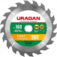 URAGAN Ø 160 x 20/16 мм, 20Т, диск пильный по дереву Fast 36800-160-20-20_z01