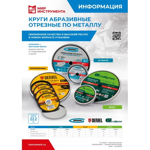 Круг отрезной по металлу, 125 х 1,0 х 22,2 мм, SWA60TBF, в метал.банке, 10 шт. Gross
