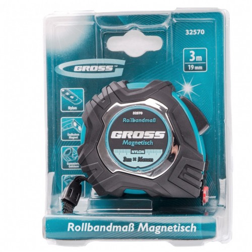 Рулетка Magnetisch 3 м х 16 мм,обрезиненный корпус,автоматическая фиксация,Нейлоновое покрытиеытие,зацеп с магнитом Gross