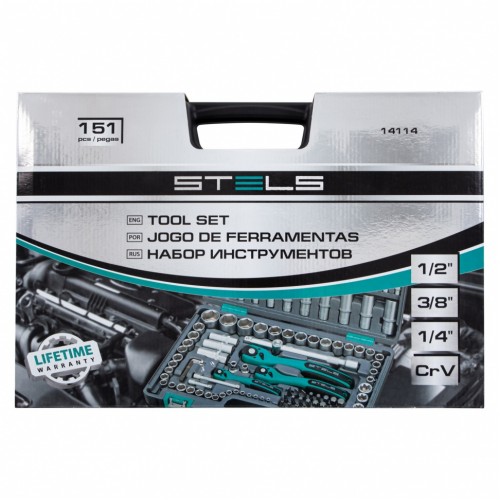 Набор инструментов, 1/4", 3/8", 1/2", Cr-V, S2, усиленный кейс, 151 предмет Stels