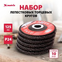 Набор торцевых лепестковых кругов MATRIX, 10 дисков, P 24, 125 х 22,2 мм, зерна оксида алюминия 1-го класса с заостренными гранями, защитное покрытие, 74